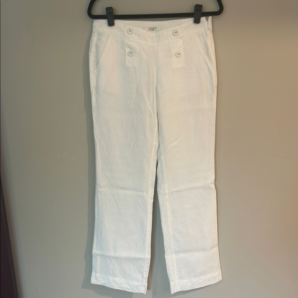 LOFT Ivory Button-Front Linen Trousers